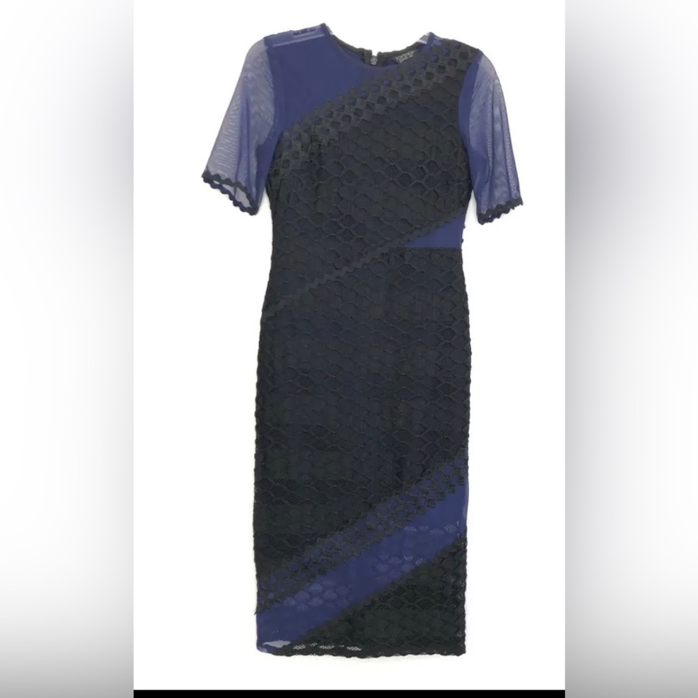 Top Shop Blue Black Mesh Sheer Lace Crochet Short Sleeve Dress size 6